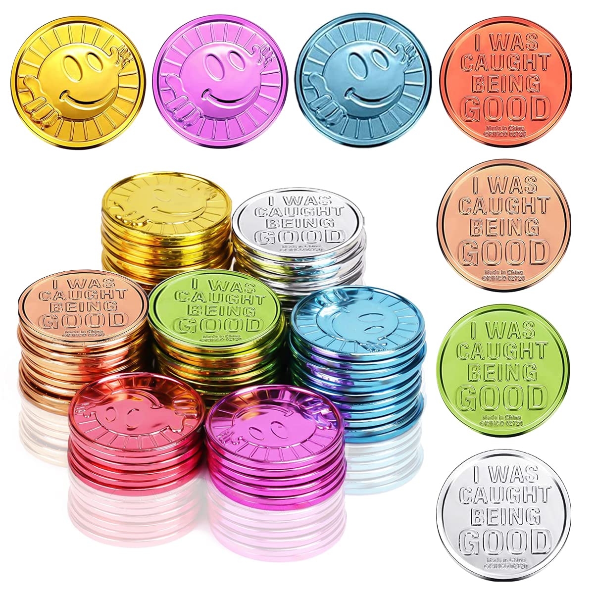 Photo 1 of 100 Pieces Smile Face Glod Coins, Colorful Plastic Reward Coins, for School Teacher Rewards and Behavior Incentives. Inscription Reading “I was Caught Being Good” on One Side