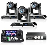 Tenveo 4K 20X NDI PTZ Camera with AI Humanoid &amp; Face Auto-Tracking HDMI/USB3.0/LAN(PoE) (3pcs) and 7&rsquo;&rsquo; LCD Quad-Screen NDI PTZ Joystick Controller and 8 Port PoE Switch Bundle/Kit for Live Production