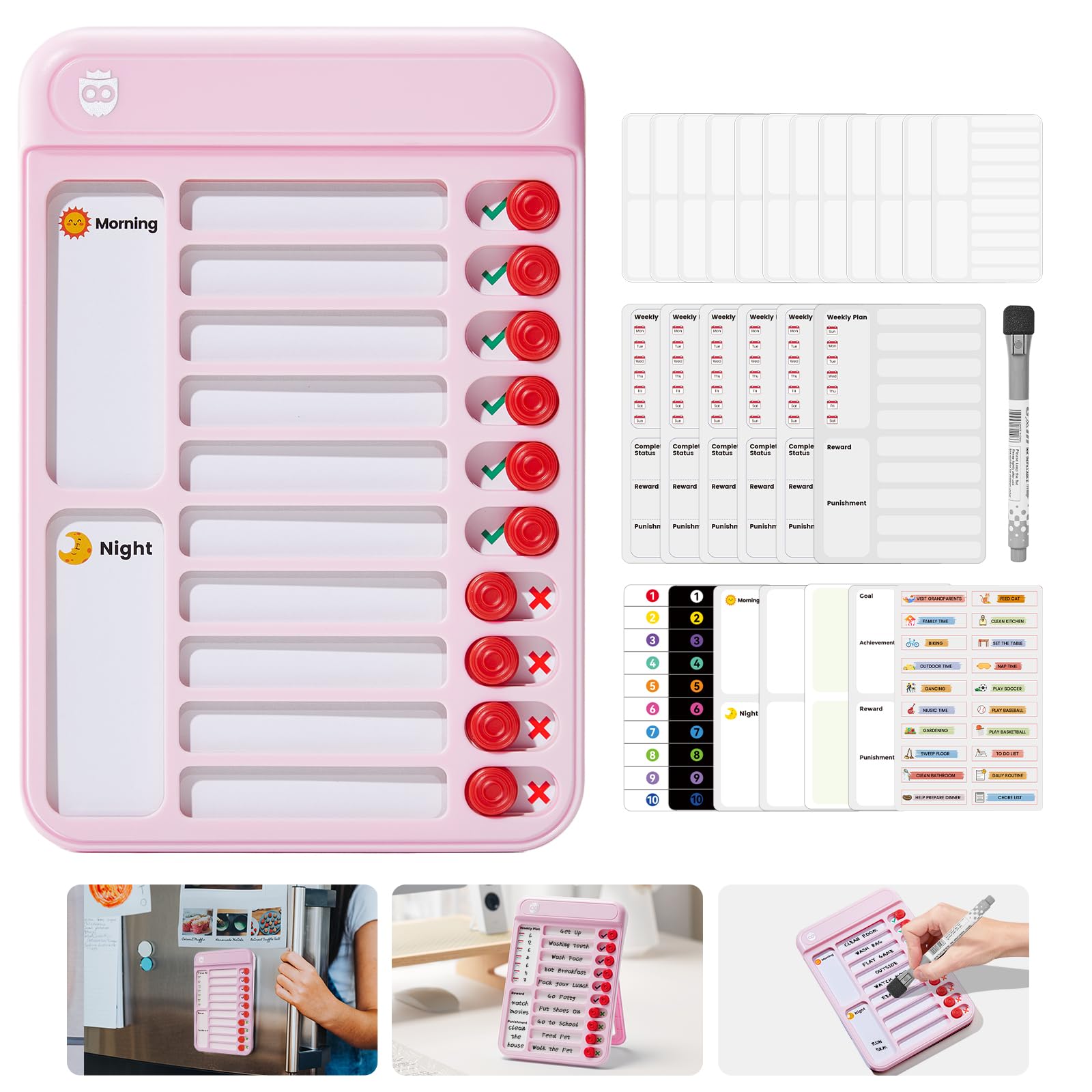 Photo 1 of Chore Chart for Kids, Visual Schedule for Kids with Autism, Chart Board with 12 Reusable Sheets, Routine Chart Dry Erase Board for Kids, Magnetic Chore Chart for Fridge, Desk, Home - Pink
