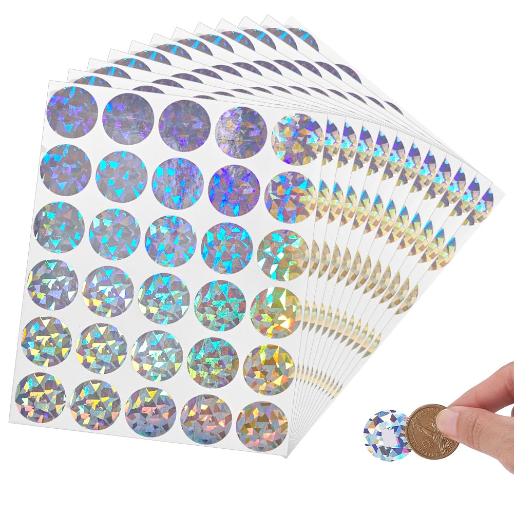 FINGERINSPIRE 12Sheet 360Pcs Holographic Shiny Scratch Off Stickers 25mm Holographic-Diamond Round Scratch Off Stickers Self Adhesive Scratch Off Cards for Tickets DIY Gender Reveal Reward Programs