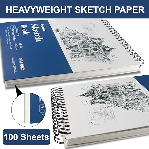 9x12 Hard Cover Spiral Sketchbook, 2 Pack - 100 Sheets Each, 68lb/100gsm Acid-Free Drawing Paper