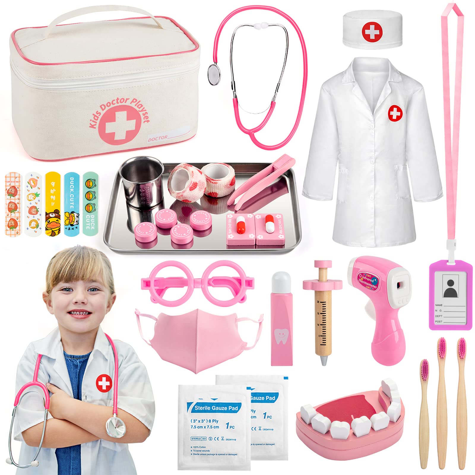 Sundaymot Doctors Set for Kids, 32 pcs Toy Doctors Kit with Stethoscope, Toddler Medical Play Set Role Play Dress Up Costume, Medical Carry Case for Boys Girls 3+ Years