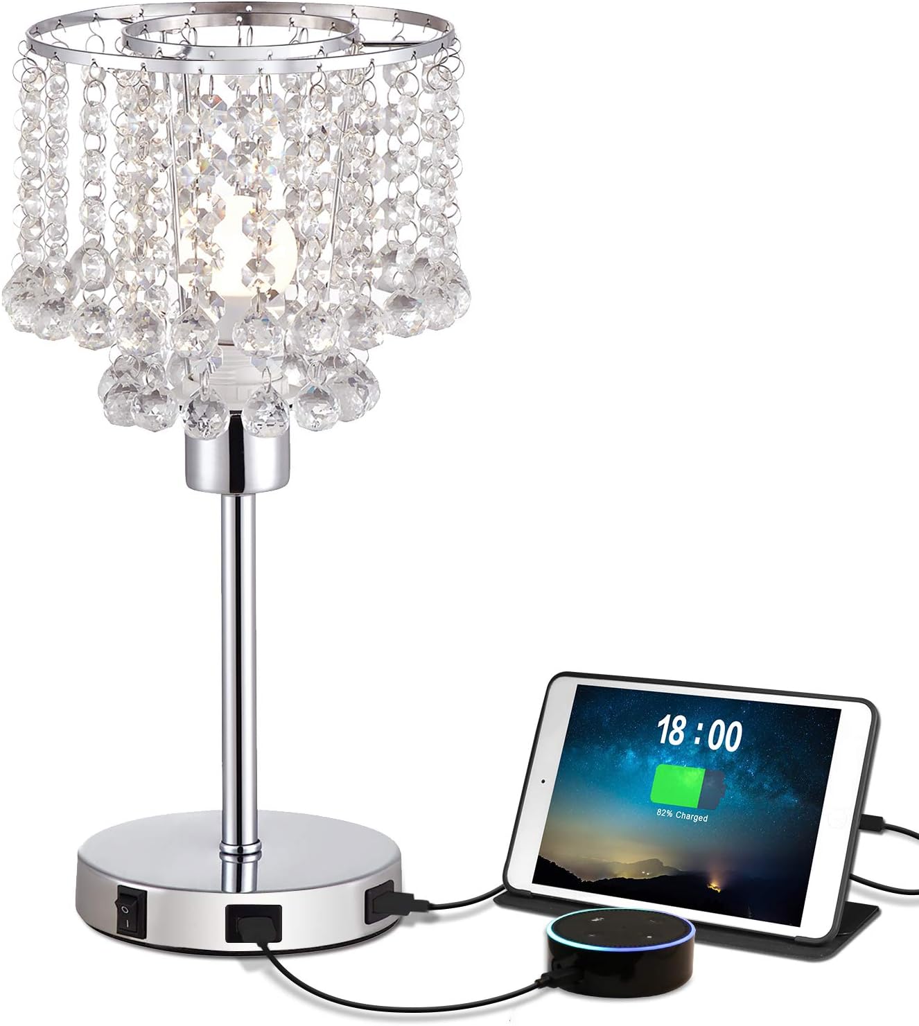 USB Crystal Bedside Table Lamp with Dual USB Charging Port, Acaxin Crystal Nightstand Lamp with Elegant Silver Crystal Shade, Crystal Desk Lamp for Bedrooms/Living Room/Dining Room/Kitchen