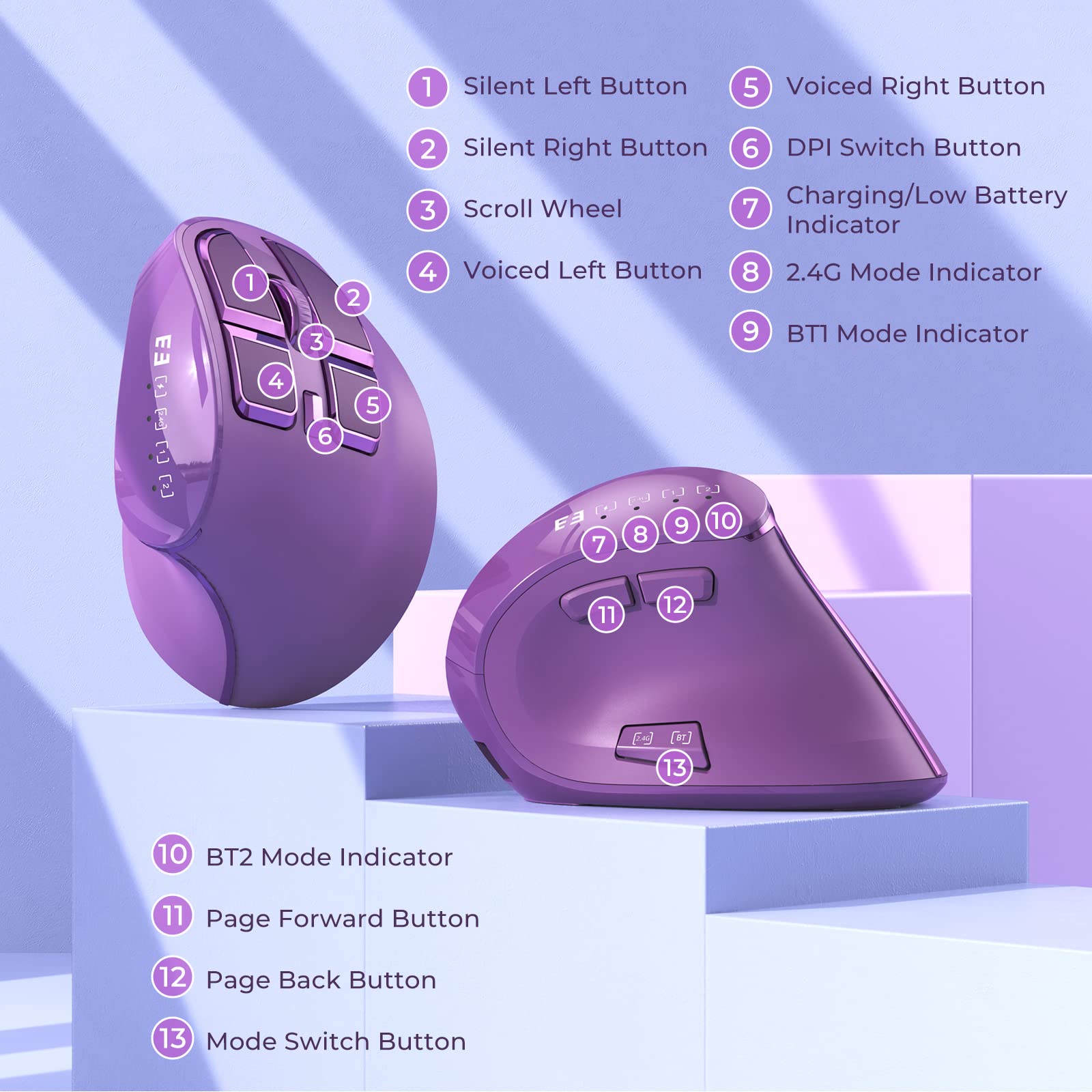 seenda Ergonomic Mouse, Wireless Vertical Mouse - Rechargeable Optical Mice for Multi-Purpose (Bluetooth+Bluetooth+USB Connection) Compatible Apple Mac and Windows Devices - Purple