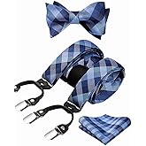 HISDERN Bow tie and Suspenders for Men Plaid Suspender Self Bowtie Pocket Square Adjustable Y Shape Mens Trouser Braces