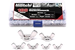 Hilitchi 100-Pcs M3 M4 M5 M6 M8 M10 Wingnut Butterfly Wing Nuts Assortment Kit, 304 Stainless Steel