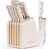 Astercook Knife Set, Kitchen Knife Set with Block and Sharpener, 12 Pcs Ultra-Sharp High Carbon Stainless Steel Knife Block Set with Non-Slip Full Tang Ergonomic Handle, Cream White Cutlery Set