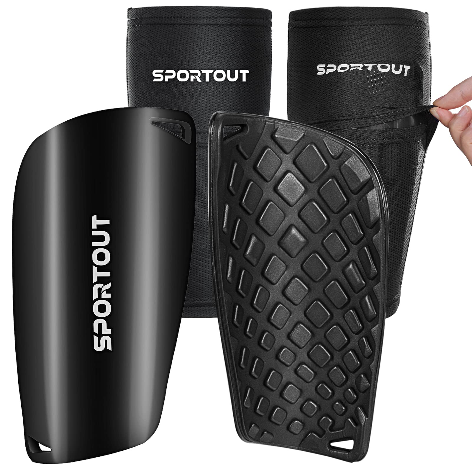 Sportout Kids Youth Adult Football Shin Guards with High Elastic Sleeves, Shin Pads Offers Comprehensive Protection for Your Legs