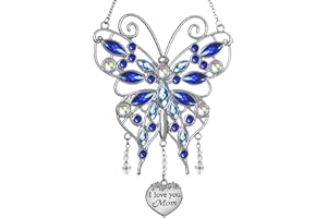 BOGDAN Mother's Day Blue Rhinestones Butterfly Window Decor Wind Chime Hanging Suncatcher Ornament for Garden House, Glittering Gifts from Mom Mothers Daughter Birthday （ I Love You Mom