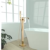 Freestanding Bathtub Faucet Brushed Gold Floor Mount Waterfall Tub Filler High Flow with Hand Shower Solid Brass 360 Degree Swivel Standing Mixer Taps for Bathroom