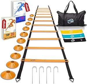 Invincible Fitness Agility Ladder Training Equipment Set, Improves Coordination, Speed, Power and Strength, Includes 10 Cones, 4 Hooks and 3 Loop Resistance Bands for Outdoor Workout