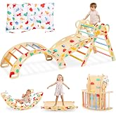 WINGYZ Pikler Triangle Set, Montessori 8-in-1 Climbing Set with Cushion | Wood Jungle Gym for 18M-5Y, Foldable, Reversible Animal Slide, Patent-Protected, 2.35in Gap, ASTM F963, Rainbow