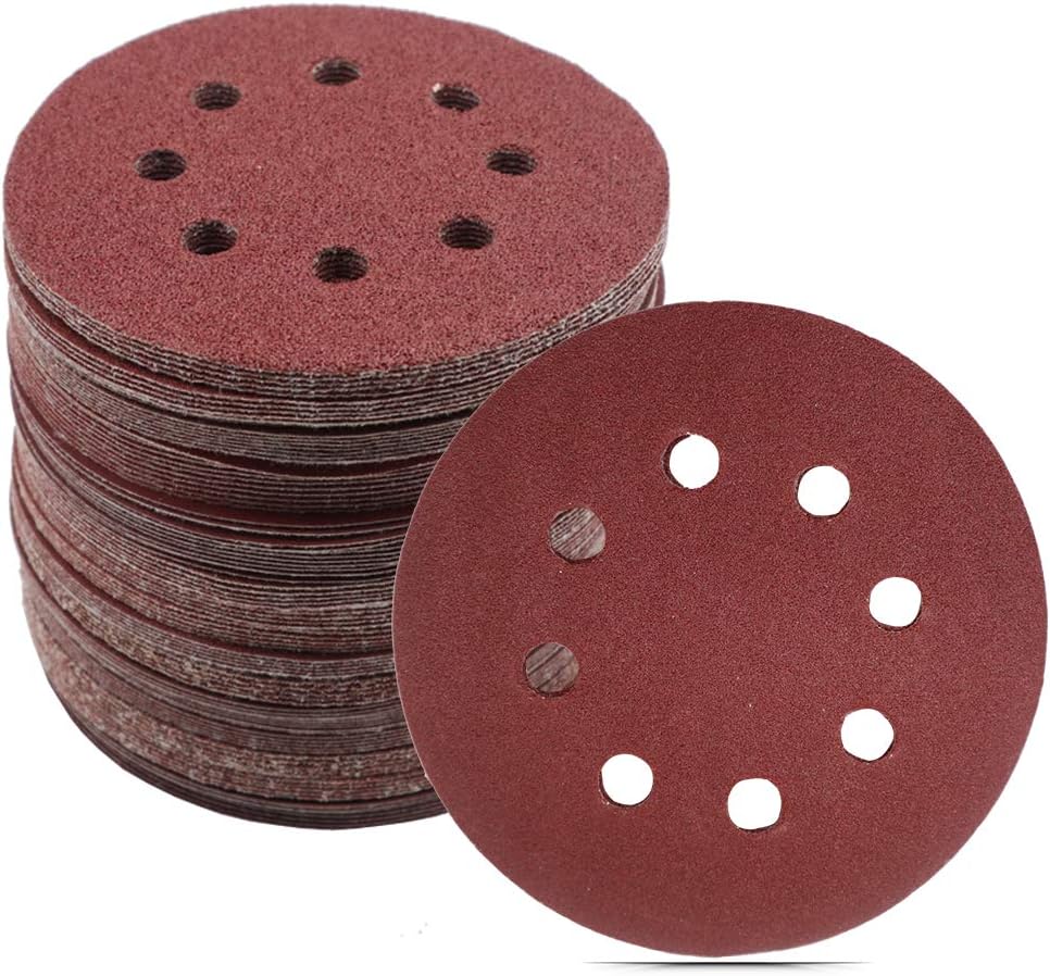BAISDY 100Pcs 5 Inch 8 Holes Hook and Loop Sanding Discs Sandpaper Assorted 40 60 80 100 120 180 240 320 400 800 Grits for Random Orbital Sander