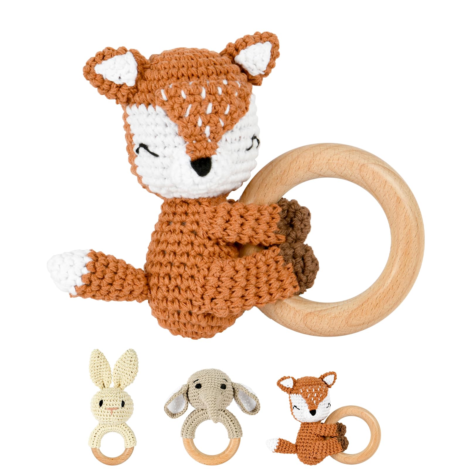 OFFCUP Baby Rattle, Wooden Crochet Animals Baby Soft Rattle Sensory Toys, Handmade Toddle Rattle Grasping Toy for Toddler 0 3 6 9 12 Month Infant Boys Girls Gift (Fox)