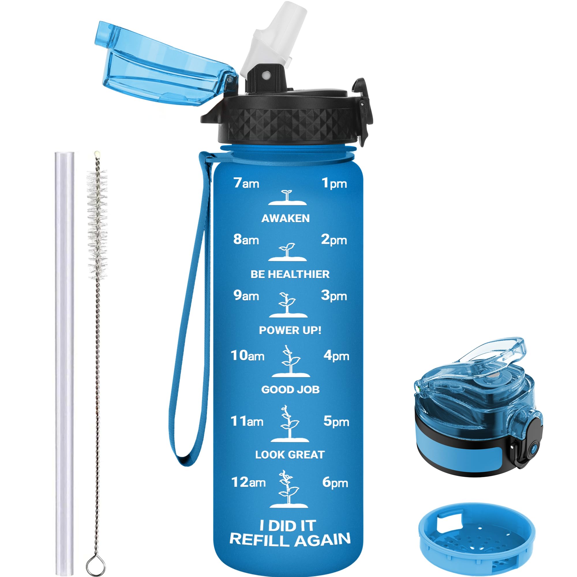 GOPPUS 500ml/17oz Kids Water Bottles with Straw Tritan Childrens Bottle with Flip Top Lid BPA Free Measured Drinks Bottle with Strap Sports Reusable Time Markings Leakproof (Blue)