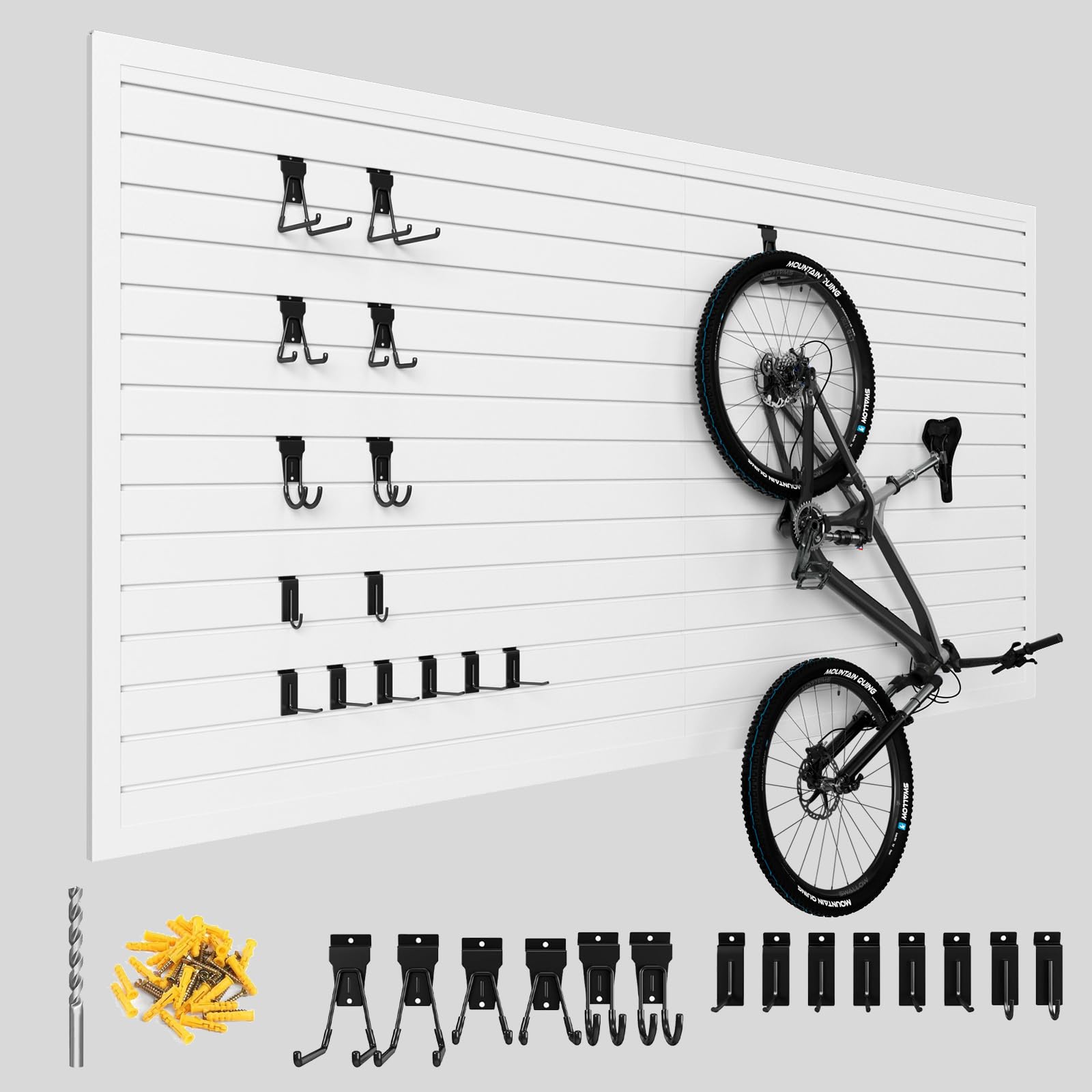 Photo 1 of ***It is used, it is missing a piece and it is not known if it works.***Ginchain 4'H x 8'W Slatwall Panel Garage Wall Organizer with 14 Hooks, Heavy Duty Slat Wall Paneling Sheets, Interlocking PVC Panels, Garage Slatwall for Tool Organization Mounted Sto