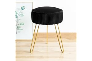 LUE BONA Pleated Vanity Stool, Velvet Upholstered Vanity Stool for Makeup Room, Round Mondern Stool for Vanity, Ottoman Footrest Stool with Metal Legs for Living Room, Bedroom, Black
