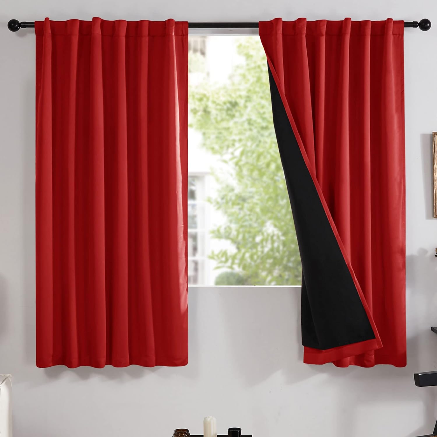 Outdoor Curtains - Deconovo Red Full Blackout Curtains for Living Room - Heavy-Duty Kitchen Curtains with Black Liner, Back Tab Curtains, Room Darkening for Bedroom and Nursery (52W x 63L Inch, Bright Red, Pack of 2)