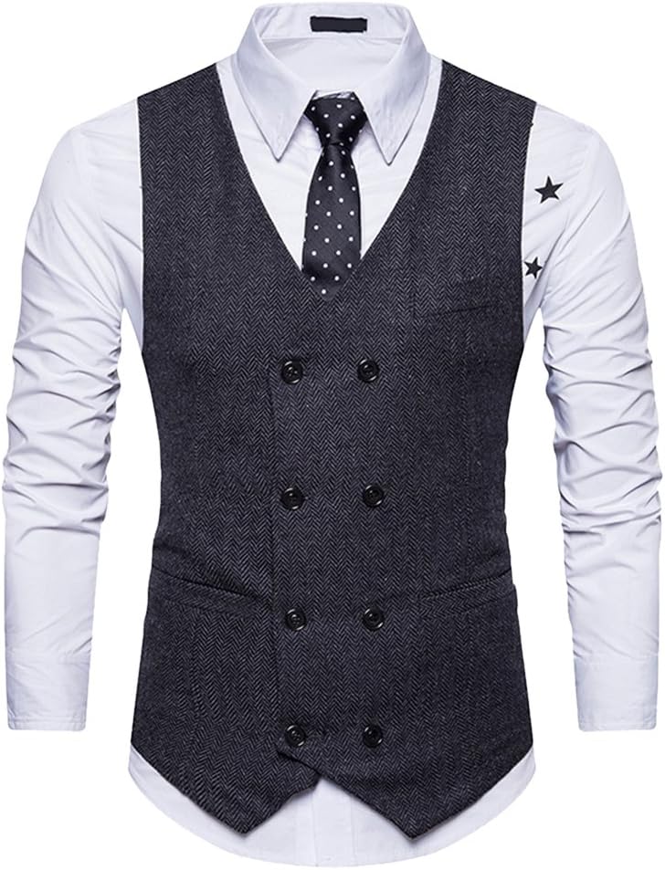 Rera Mens Vintage Waistcoat Business Casual Double Breasted Suit Vest