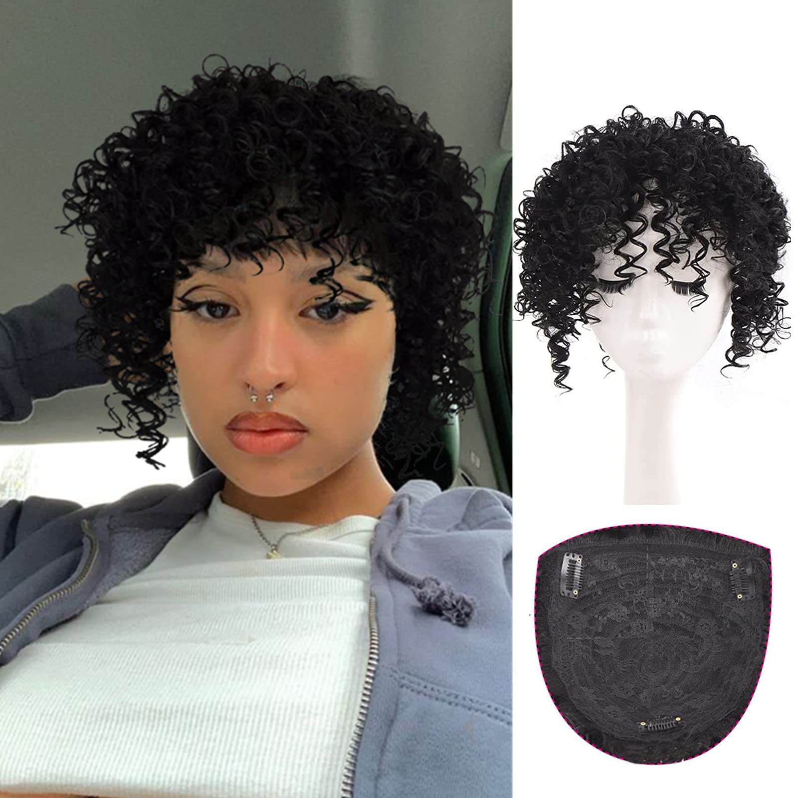 Photo 1 of KRSI Short Afro Puff Kinky Curly Synthetic Hair Toppers Hair Pieces for Women, Wiglets Hairpieces Toppers Pieces Wigs for Black Women With Thinning Hair Topper With Bangs(1B)