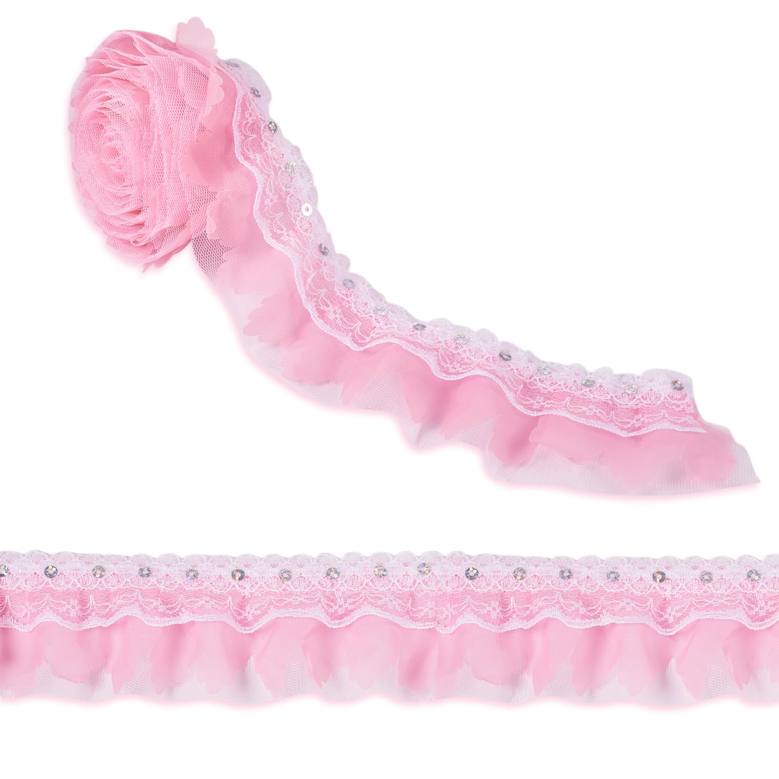 Spritewelry 2M Pink Lace Pleated Chiffon Lace Trims 2-Layer Vintage Lace Ribbons for Bridal Wedding DIY Craft Sewing Costume Applique Decor 50mm