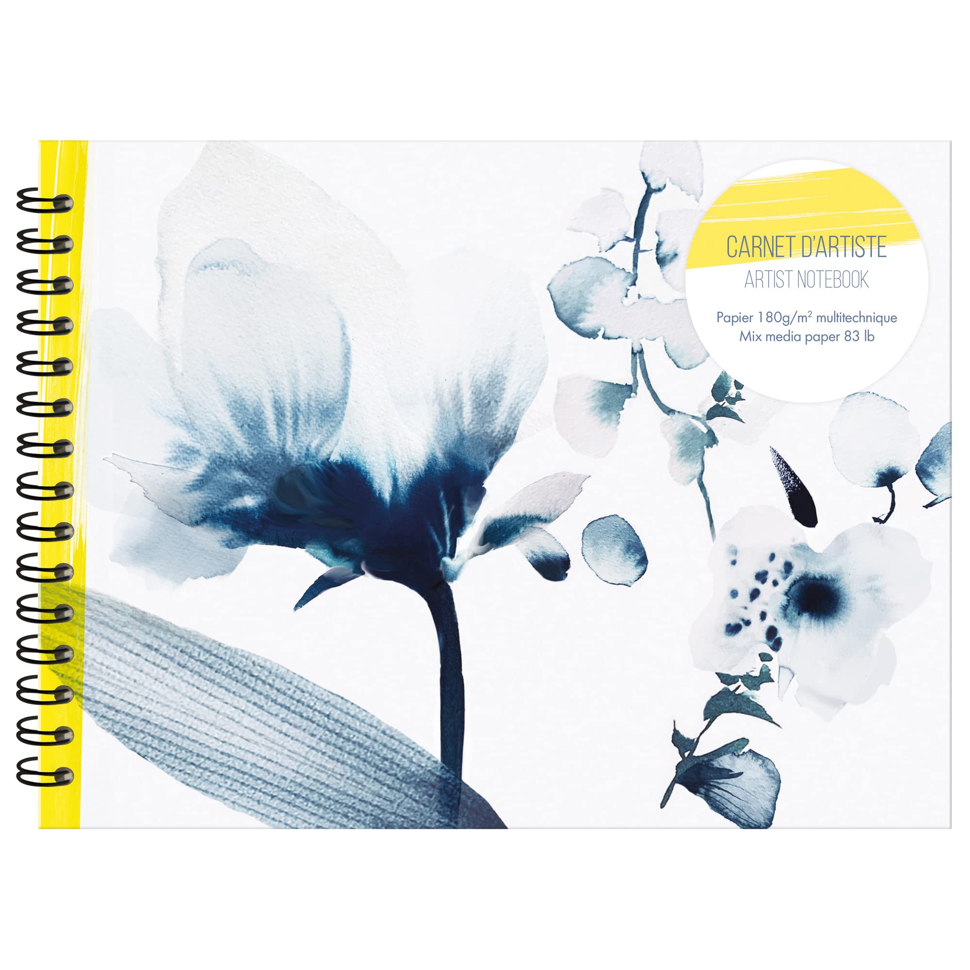Clairefontaine 115944C - 32x24cm landscape Spiral Artist's Notebook Floral motif Blue Ink 40 sheets Multitechnique White Drawing Paper 180g Inkebana Collection