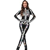 Joy Bang 3D Skeleton Costume Women, Halloween Sexy Skull Onesie Bodysuit with Gloves, Dia de los Muertos Jumpsuit