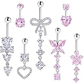 yeabwps 7 Pcs Belly Button Rings Dangle Navel Belly Piercing Jewelry Stainless Steel Butterfly Bow Heart Flower Belly Ring for Women Cute Pink Dangly Navel Ring