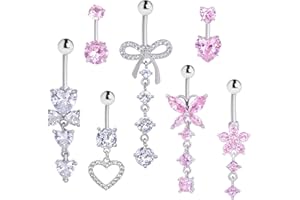 yeabwps 7 Pcs Belly Button Rings Dangle Navel Belly Piercing Jewelry Stainless Steel Butterfly Bow Heart Flower Belly Ring fo