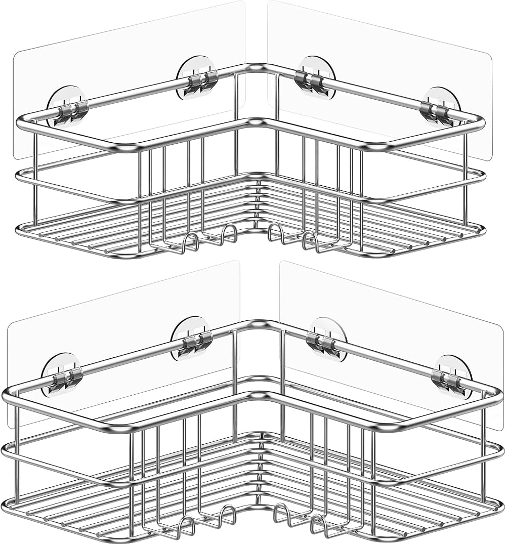Menbyci 2 Pack Corner Shower Caddy with 8 Hooks Stainless Steel Adhesive Shelf