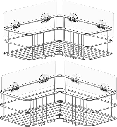 Menbyci 2 Pack Corner Shower Caddy with 8 Hooks Stainless Steel Adhesive Shelf