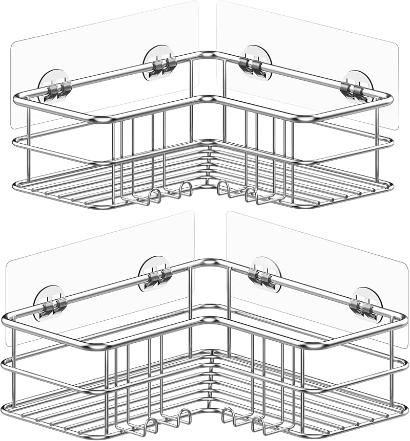Menbyci 2 Pack Corner Shower Caddy with 8 Hooks Stainless Steel Adhesive Shelf