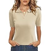 LOMON Womens Puff Short Sleeve Polo Sweater V Neck Knitted Tops Casual Ribbed Shirt Pullover Blouse