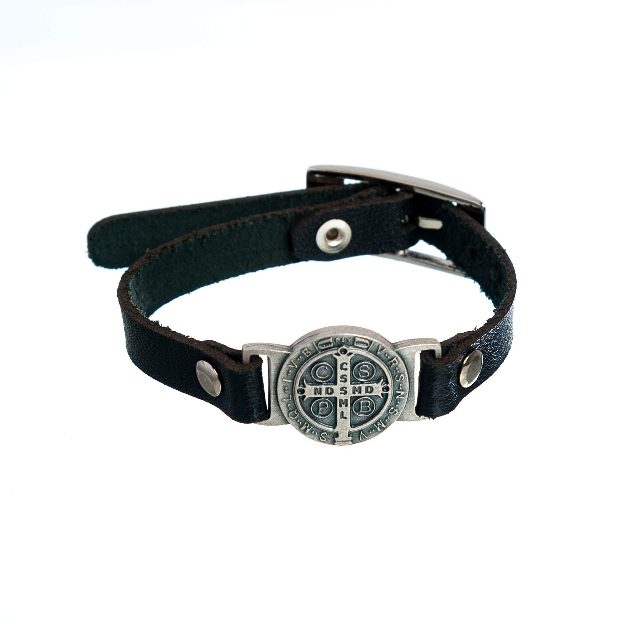 Intercession St Benedict Genuine Leather Protection Bracelet - Made in Brazil, Medium Black, Wood, no gemstone