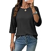 Dokotoo Womens Tops Spring Summer 3/4 Length Sleeve Fashion T Shirts for Women Crewneck Waffle Knit Casual Loose Tee Blouses