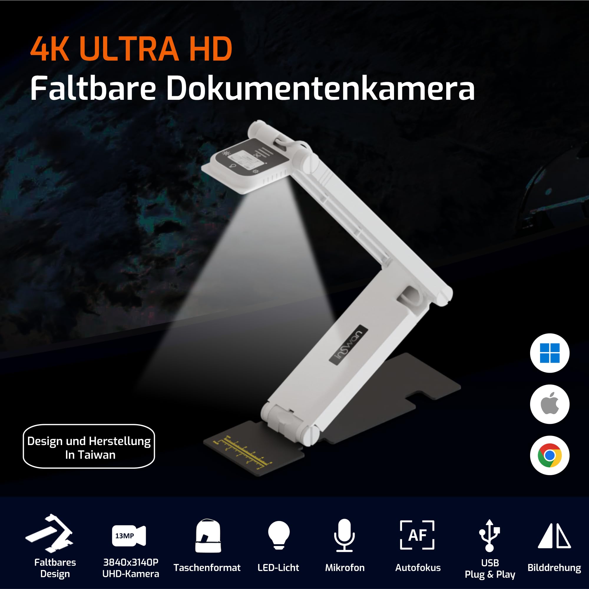 INSWAN INS-Flip 4 – 4K USB Dokumentenkamera/Webcam, 13MP UHD, faltbar, Ultraleicht (305g), Autofokus, Mikrofon & LED, für Unterricht & Webkonferenzen, kompatibel mit macOS, iPad, Windows, Chromebook 2