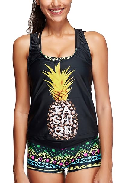 ALICECOCO Damen Sportlich Tankini Set Mit Jungen Kurz Plus Größe Zwei Stück Badeanzug Mesh Schwimmen Kostüm