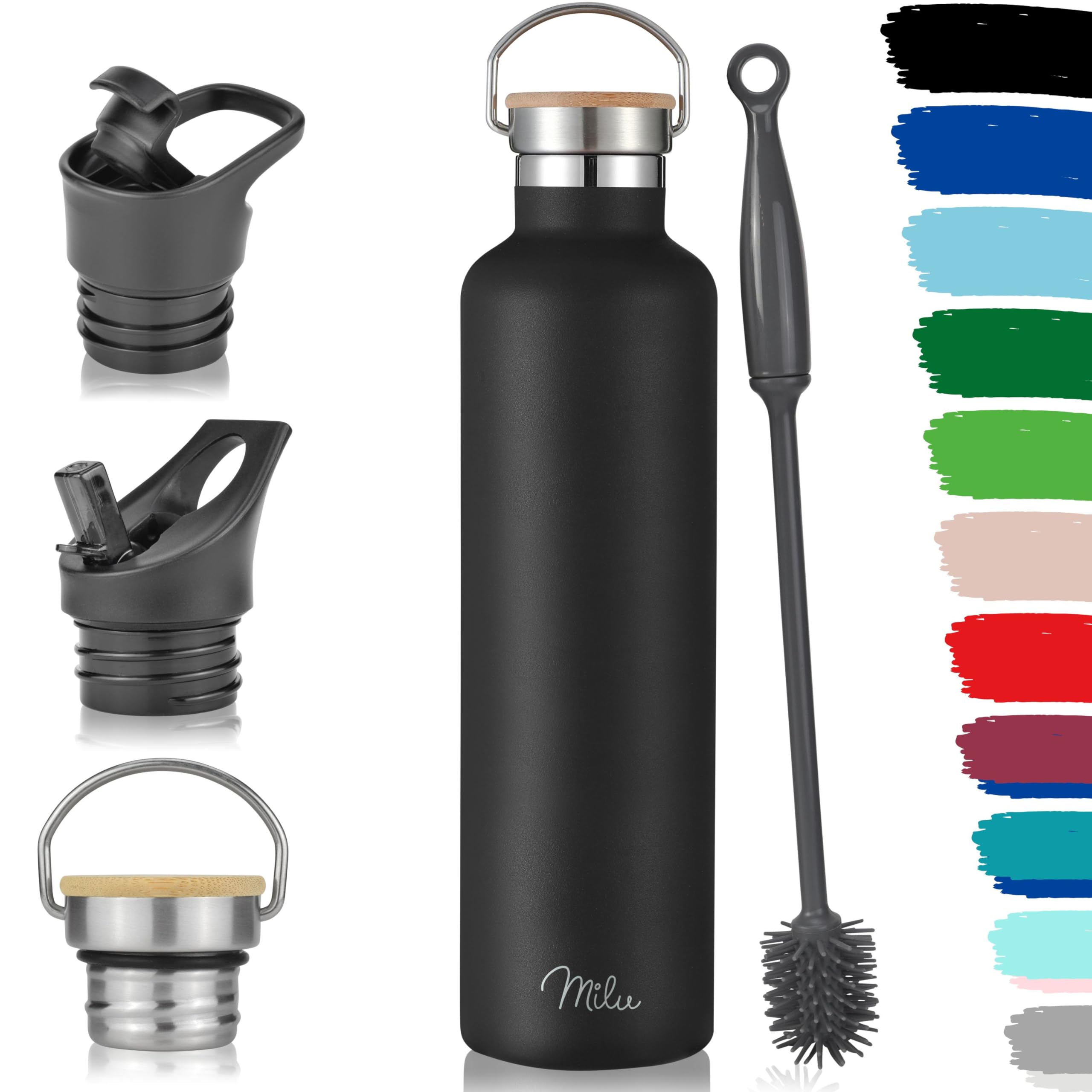 Milu Stainless Steel Drinking Bottle 350ml, 500ml, 750ml, 1l (+3 Lids) - Thermo Bottle with Straw, Water Bottle, for Hot, Cold & Carbonated Drinks (Black, 1000ml)