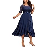 MISSMAY Women's Plus Size Floral Lace Boat Neck Ruffle Hem Chiffon Cocktail Party Sewing Dress
