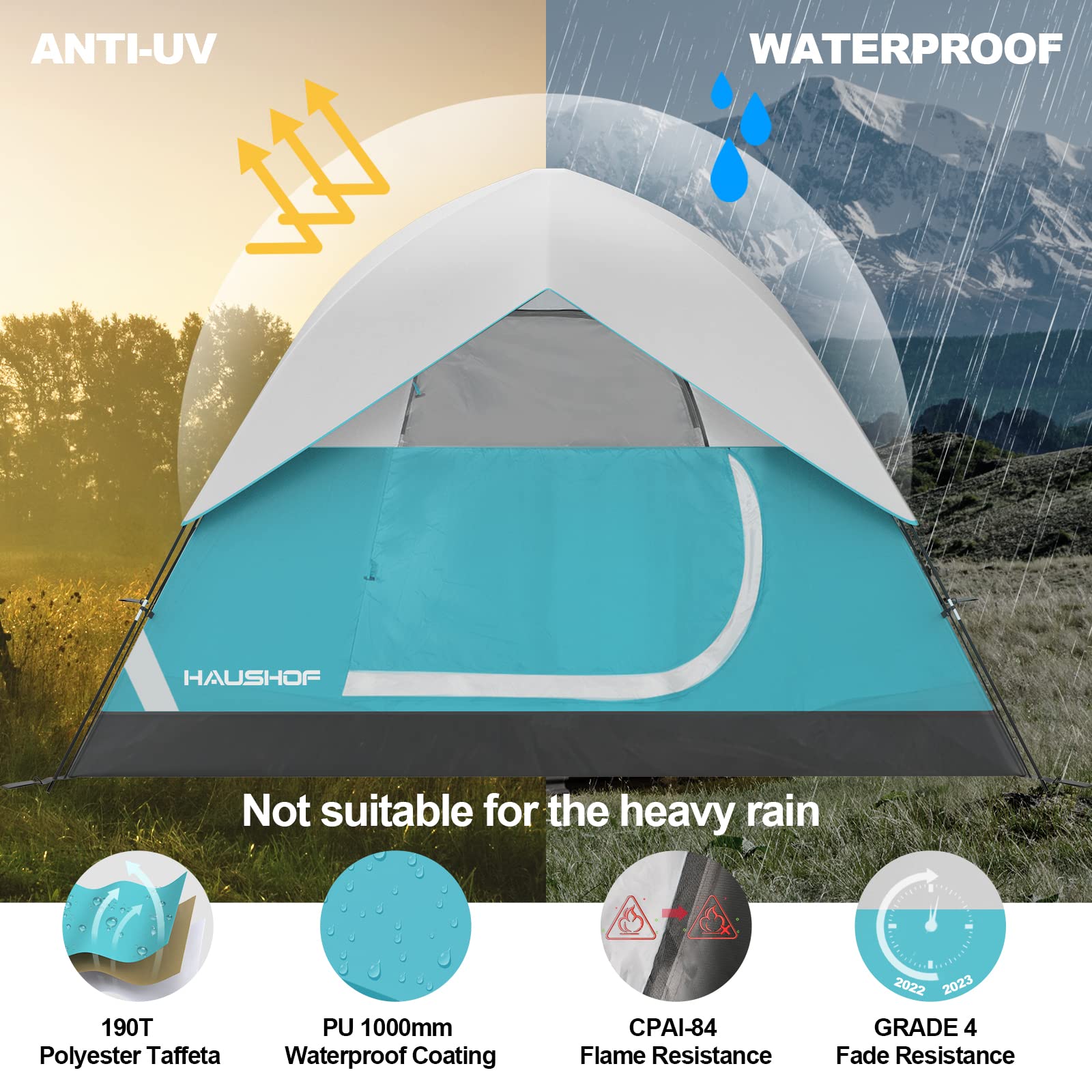 HAUSHOF 2/4-Person Family Dome Tent with Removable Rain-Fly, Easy Set Up Portable Camping Tent for Backpacking Hiking Backyard Outdoor, Green/Blue/2-person/4-person