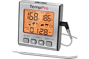 ThermoPro TP16S Digital Meat Thermometer for Cooking and Grilling, BBQ Food Thermometer with Backlight and Kitchen Timer, Gri