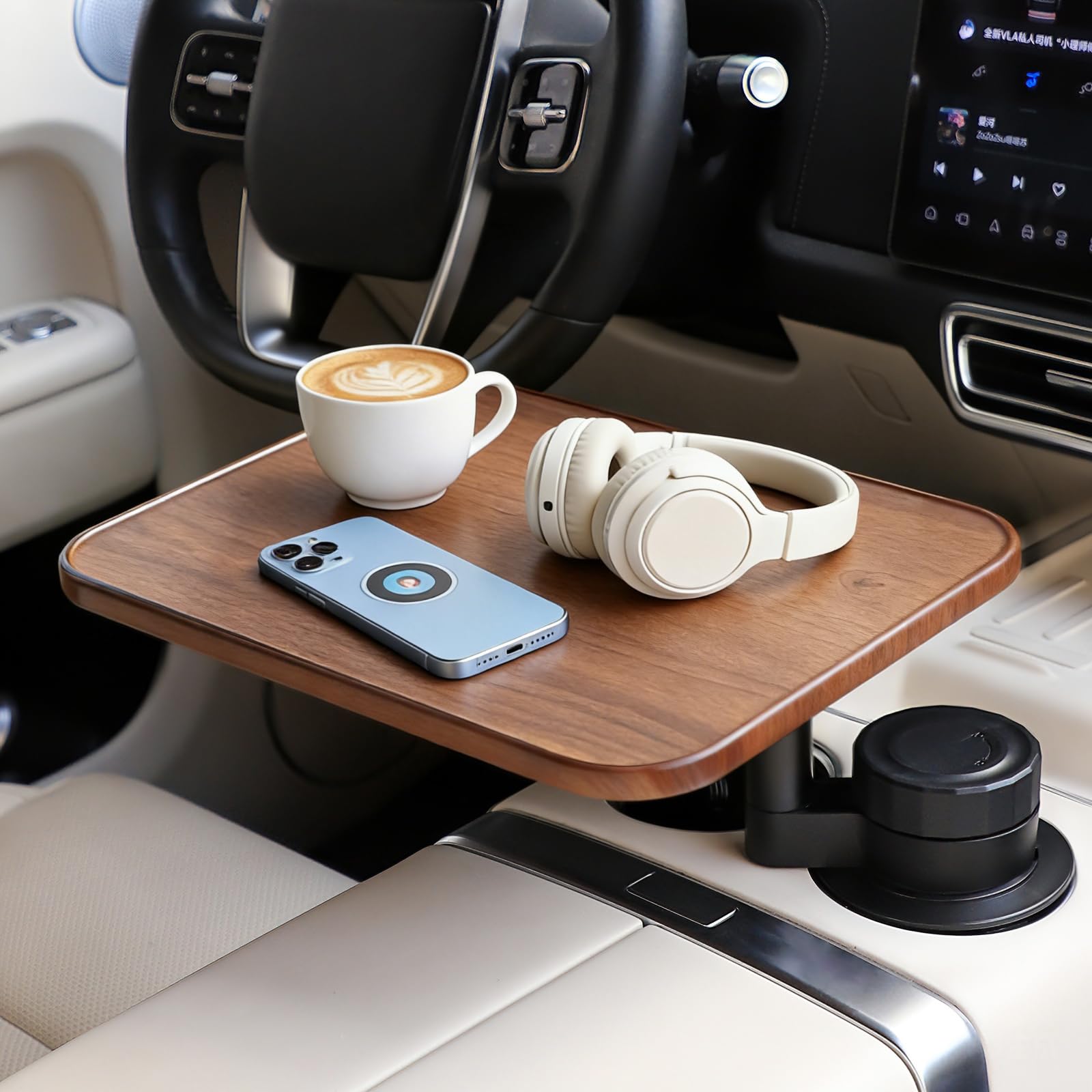 Photo 1 of 360° Rotating Wood Car Tray & Desk for Laptop - Steering Wheel Cup Holder Table, Car Accessories for Women & Men, Compatible with Tesla Model Y/3/S, Ford F150/Explorer/Maverick & Most Vehicles
