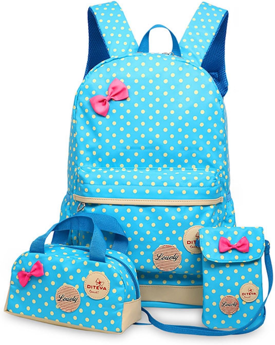 Canvas Backpacks Set Girls School Bags Zipped Daypack Travel Satchel Shoulder Messenger Bag Kids Shoulder Bag Rucksack Laptop Casual Shoulder Bag Pencil Case Polka Dot 3pcs Bleu