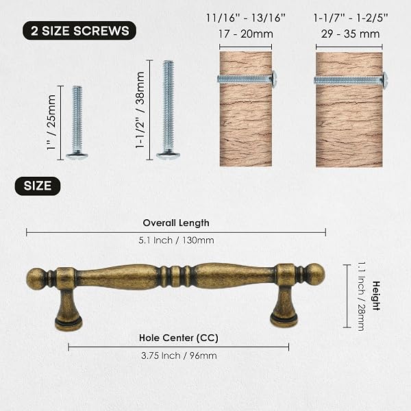 FURFITT 10 PACK ANTIQUE BRASS CABINET HANDLES 3.75 INCH/96MM HOLE CENTER ZINC ALLOY VINTAGE DRAWER DRESSER PULLS RETRO KITCHEN CUPBOARD BATHROOM FURNITURE HARDWARE