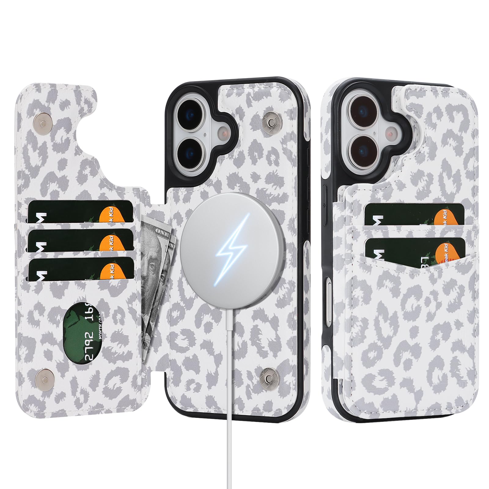 SkyEagle Compatible with Magsafe for iPhone 17 Wallet Case with Card Holder,Women Men Phone Case PU Leather Kickstand Flip Folio Protective Cover Credit Card Slots,for Apple 17 6.3",Leopard-White