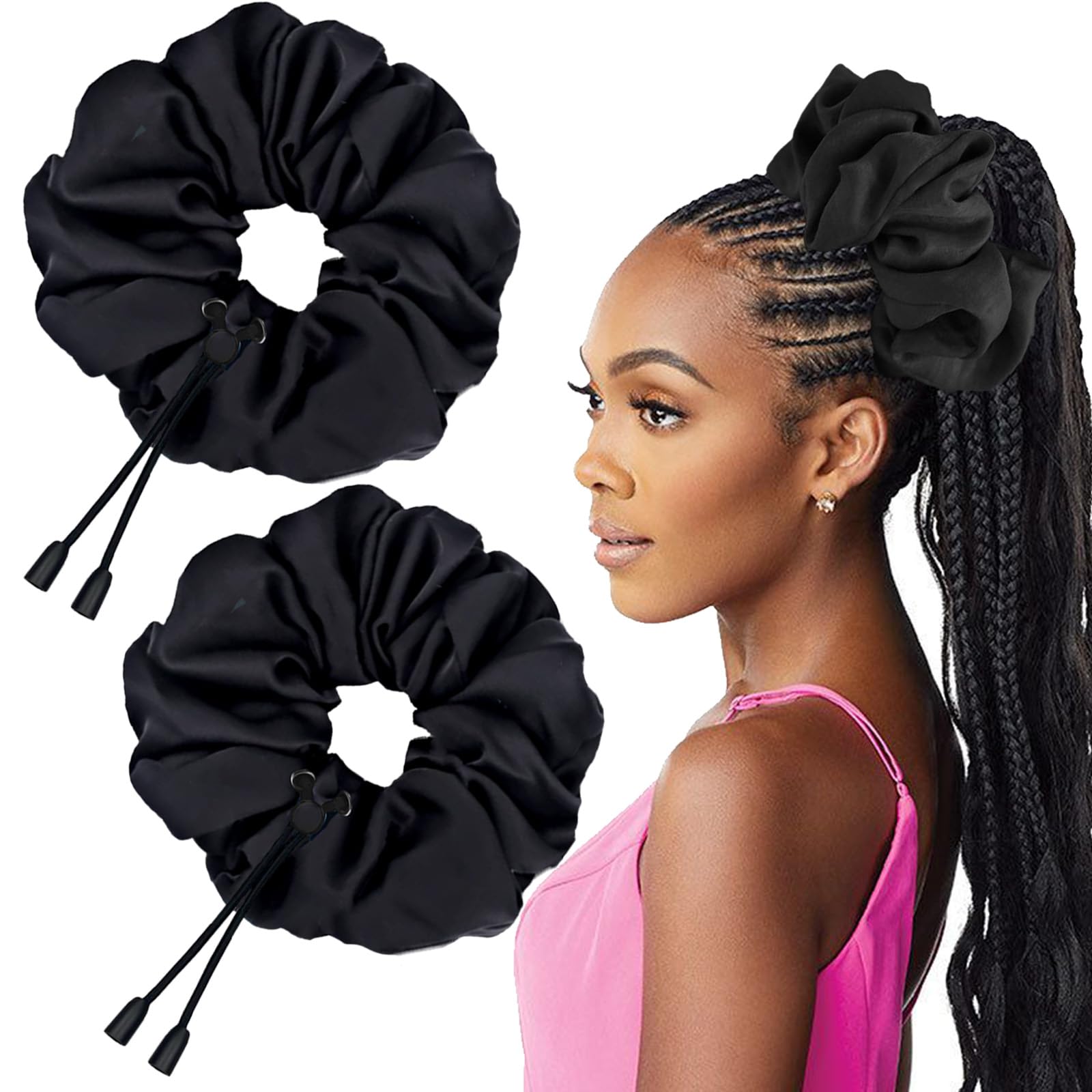 Photo 1 of 2 pcs Adjustable Afro Puff Hair Tie, Extra Large Satin Scrunchies, No Damage Durable Afro Puff Accessories, Oversize Hair Bands, Sleeping Giant Satin Scrunchies for Thick Curly Hair