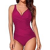 Smismivo Tummy Control Swimsuits for Women Slimming One Piece Bathing Suit Retro Ruched Push Up Vintage Padded Swimwear