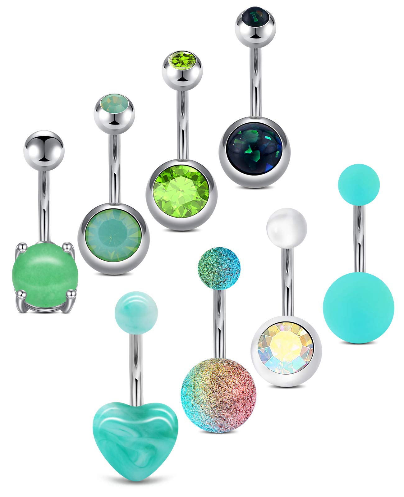 AceFun Belly Bar Surgical Steel 14G Green 8pcs Belly Rings Belly Button bar Belly Ring Body Piercing for Women