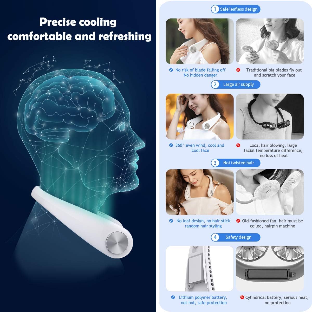smartelf Hands Free Neck Fan, Personal Mini Bladeless Necklace Fan USB Rechargeable Wearable Fan for Women Men Sports Travel Office Outdoor 360° Cooling Ultra-quiet Adjustable Wind Speed White: Kitchen & Dining