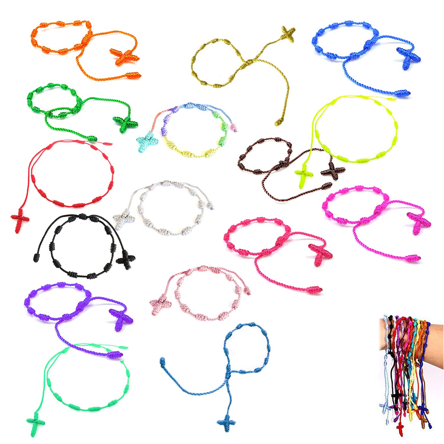 YouU 16 Pcs Handmade Rosary Cross Bracelets Pulseras Decenarios Colorful